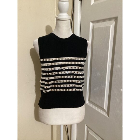J Crew Sweater Womens Small Black White Embellished Stripe Tank Pullover New - Picture 2 of 7